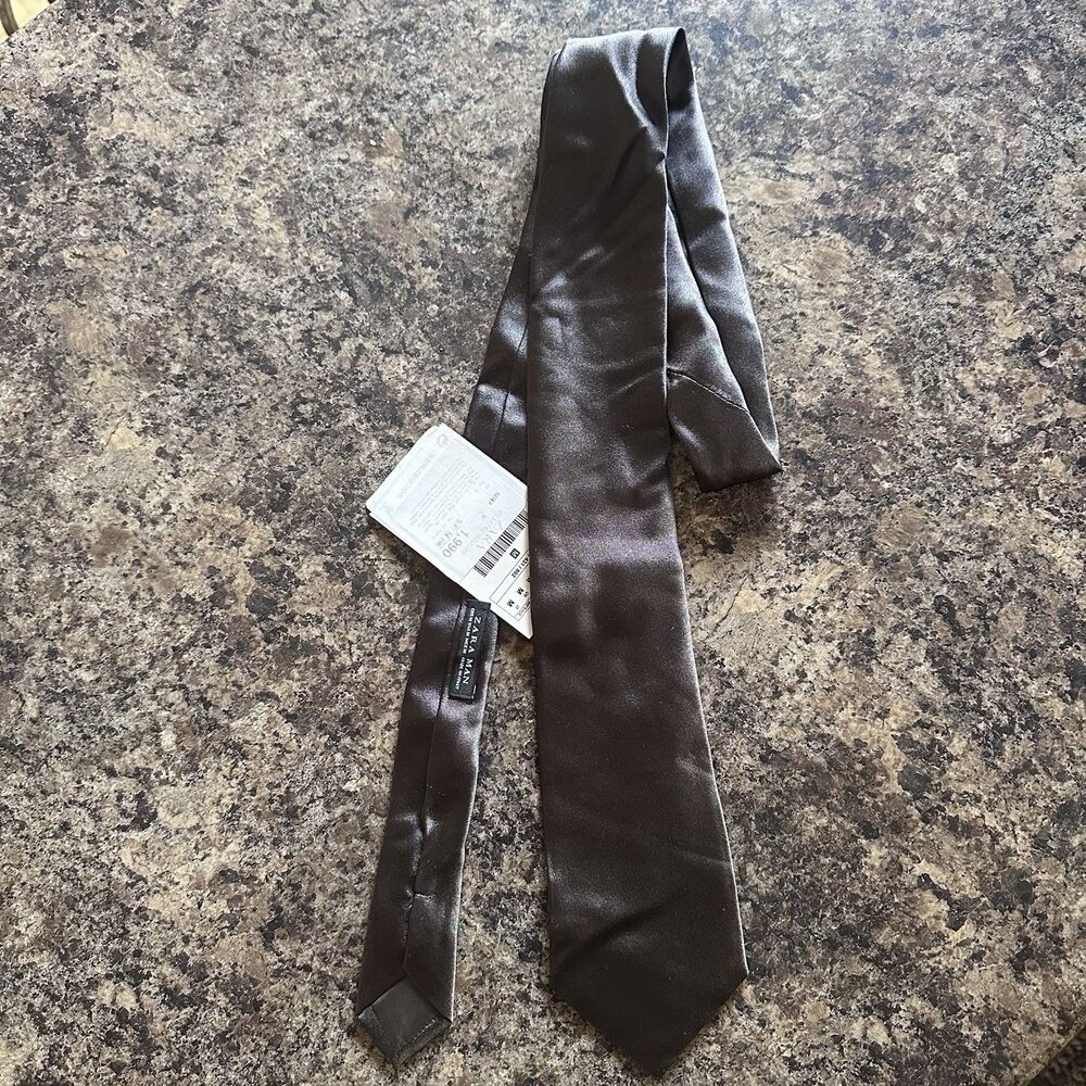 ZARA MAN Men’s Satin Tie Dark Brown Charcoal Gray NWT New With Tags